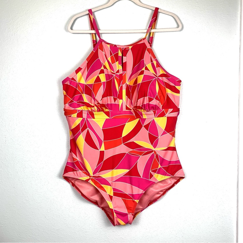 Land's End Pink/Yellow Geometric Halter One Piece Swimsuit Keyhole Neck, Size 18
